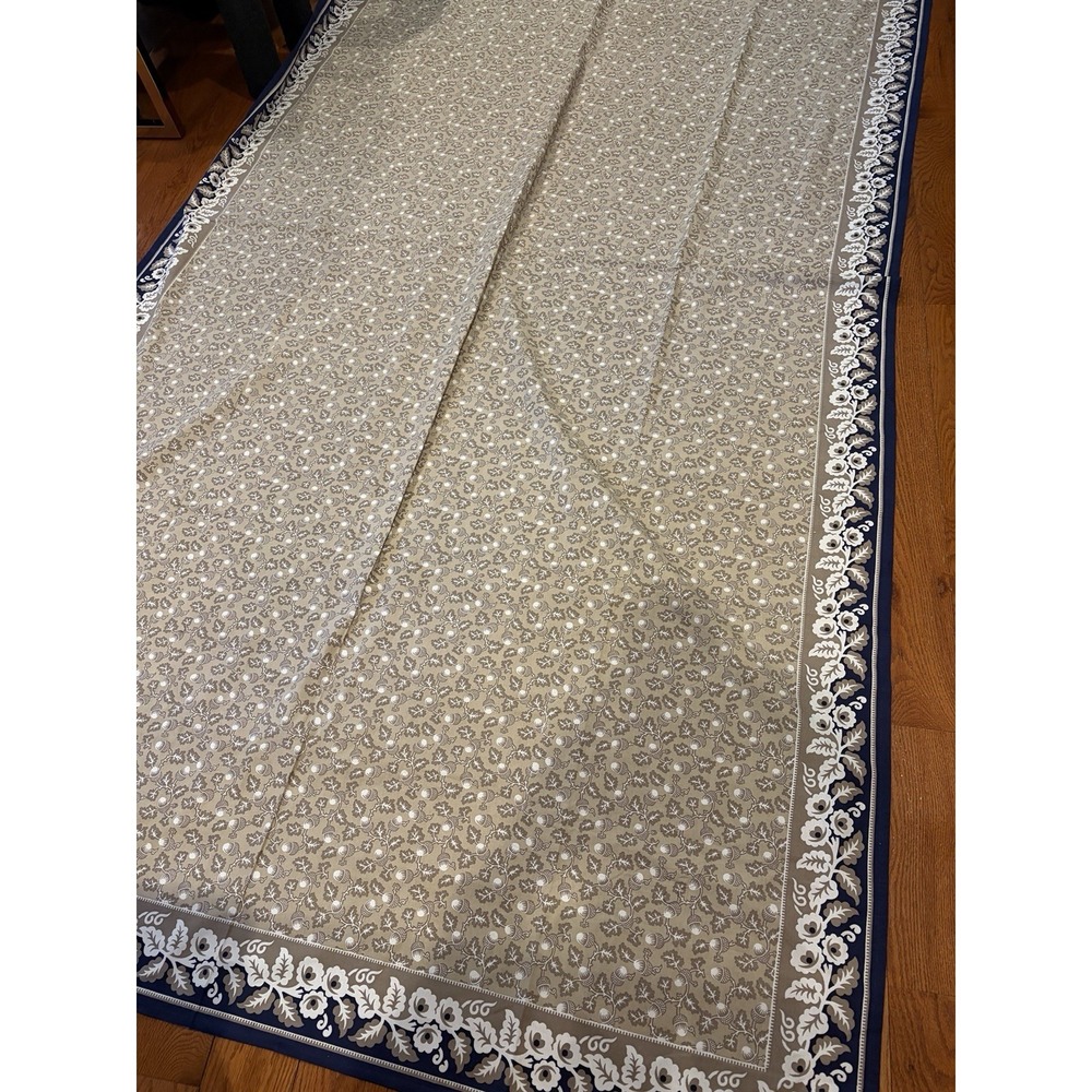 Williams-Sonoma Acorn Botanical Tablecloth‎ Navy Tan Floral Border 70x126 Cotton